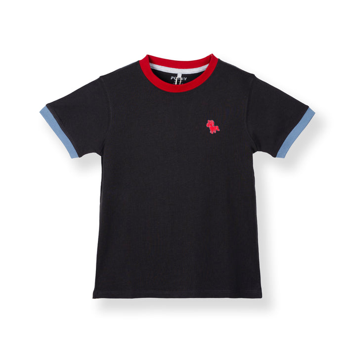 Poney Black Unisex Kids Poney Mascot Logo Short Sleeve Tee - Colour Block