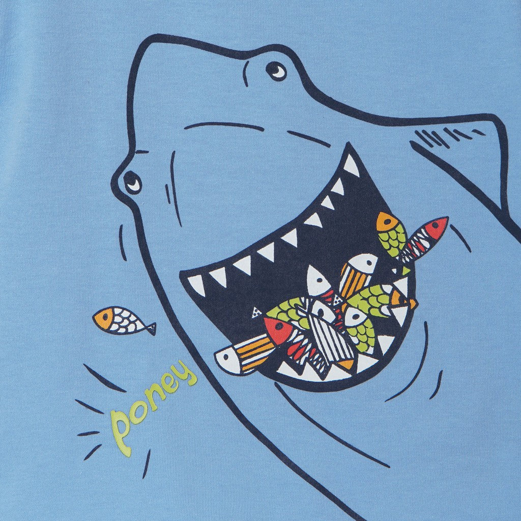 Poney Boy Shark Feeding On Fishes Light Blue Short Sleeve Tee