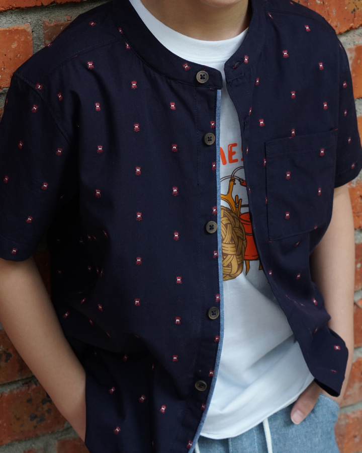 Poney Boys Navy Jacquard Mandarin Collar Short Sleeve Shirt