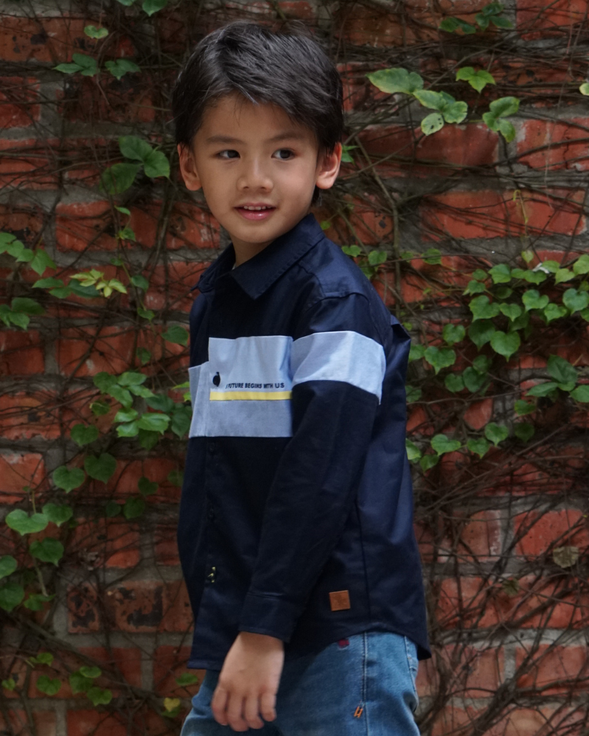 Poney Boys Navy Oxford Color Blocking Long Sleeve Shirt