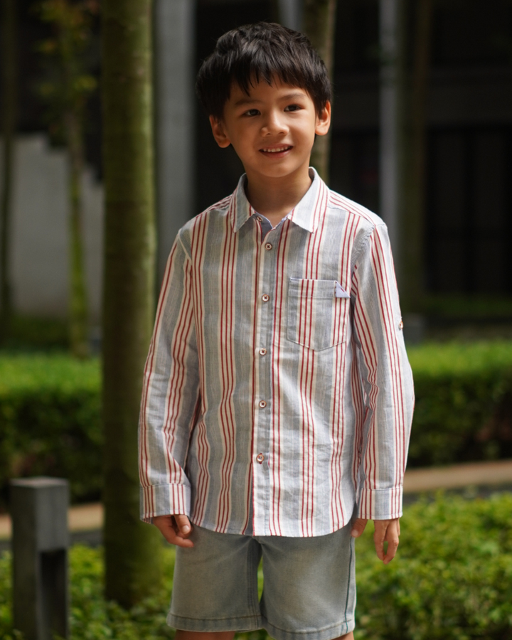 Poney Boys White Yarn Dyed Stripes Long Sleeve Shirt