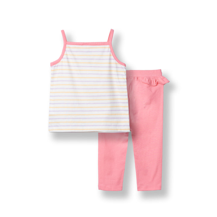 Poney Baby Girls Pink Cute Stripes Sleeveless Top & Long Pants Set