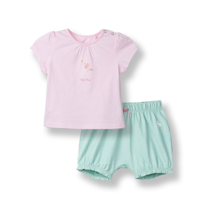 Poney Baby Girls Light Pink Unicorn Short Sleeve Top & Shorts Set