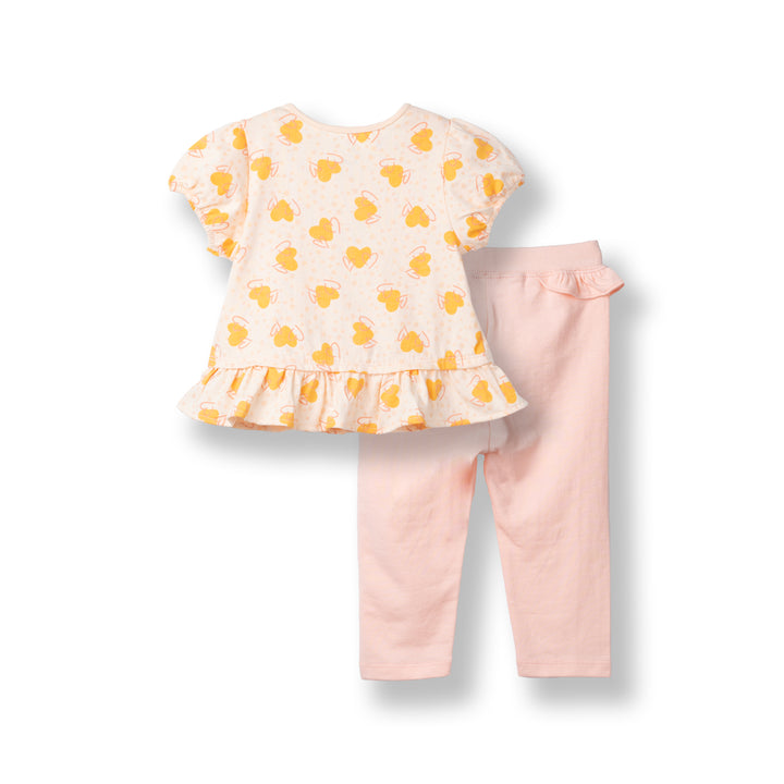 Poney Baby Girls Light Orange Lovely Orange Hearts Short Sleeve Top & Long Pants Set