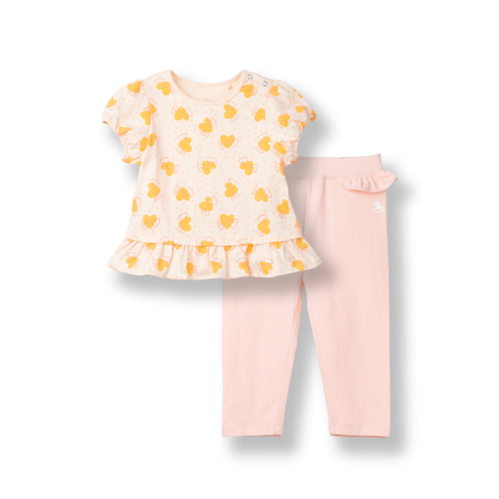 Poney Baby Girls Light Orange Lovely Orange Hearts Short Sleeve Top & Long Pants Set