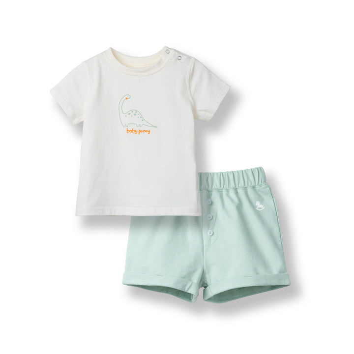 Poney Baby Boys Cream Little Dino Short Sleeve Top & Shorts Set