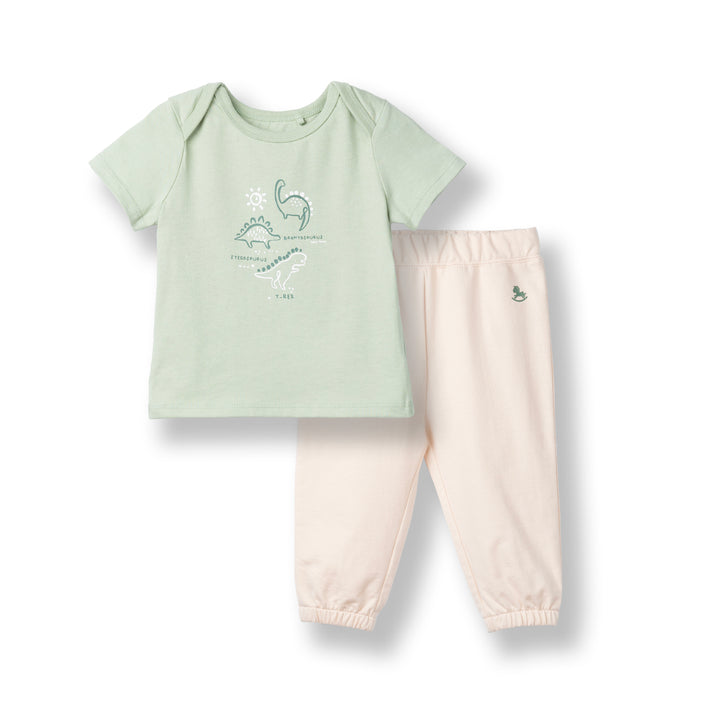 Poney Baby Boys Green Little Dino Short Sleeve Top & Long Pants Set