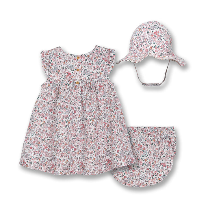 Poney Baby Girls White Flower Frills Sleeveless Dress With Panty & Hat Set
