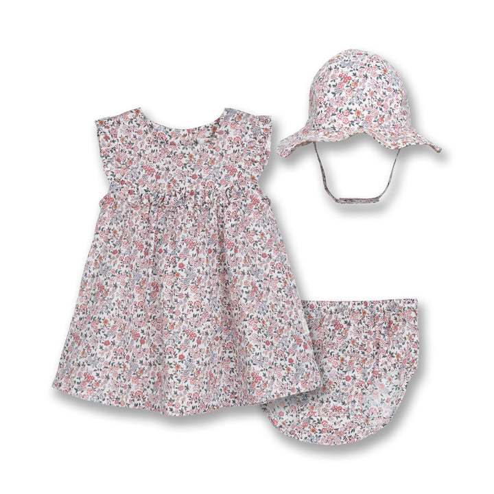 Poney Baby Girls White Flower Frills Sleeveless Dress With Panty & Hat Set