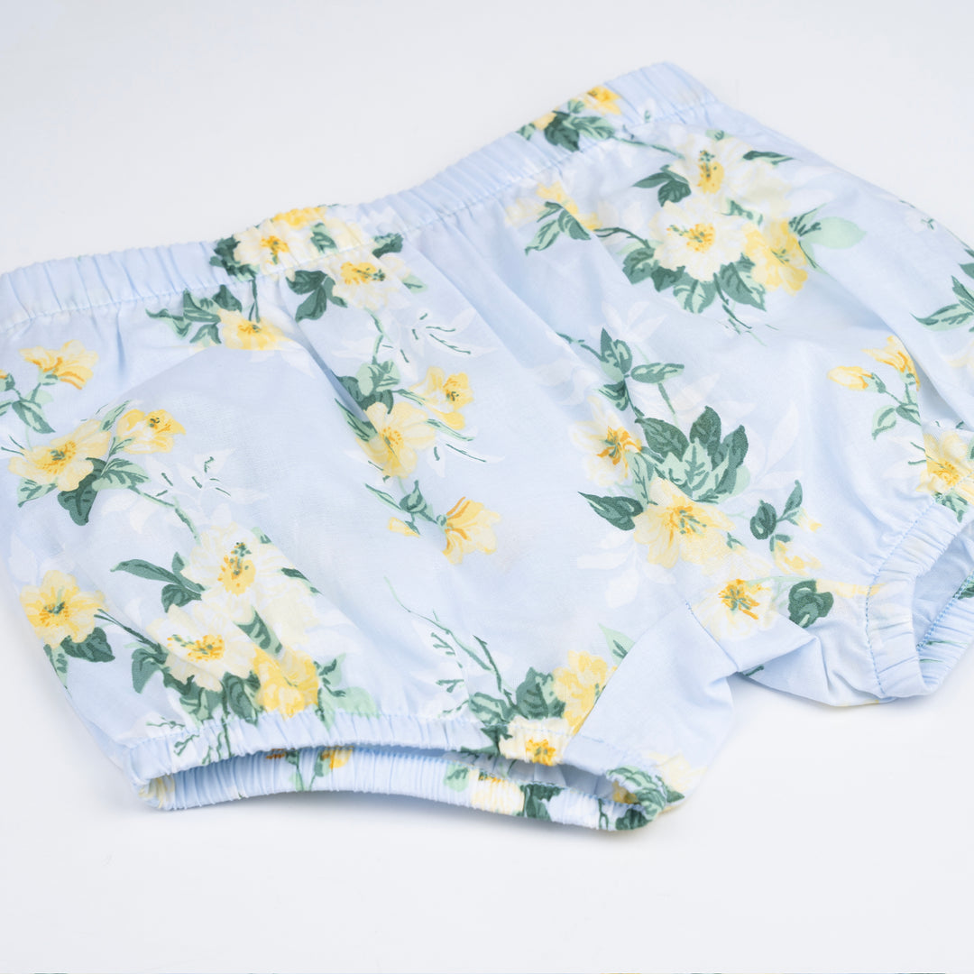Poney Baby Girls Blue Blooming Flowers Long Sleeve Blouse & Shorts Set