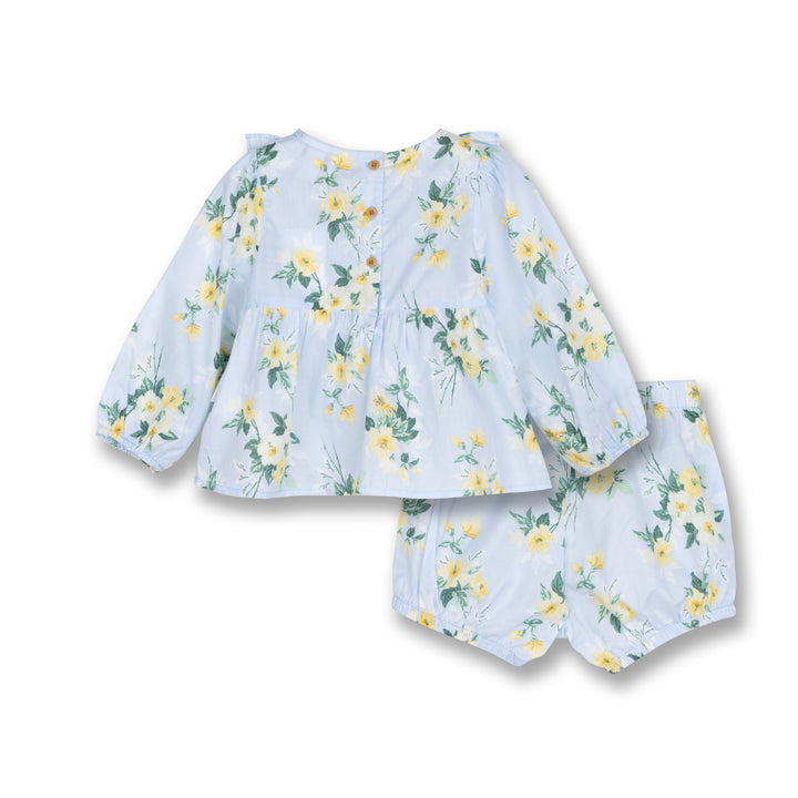 Poney Baby Girls Blue Blooming Flowers Long Sleeve Blouse & Shorts Set