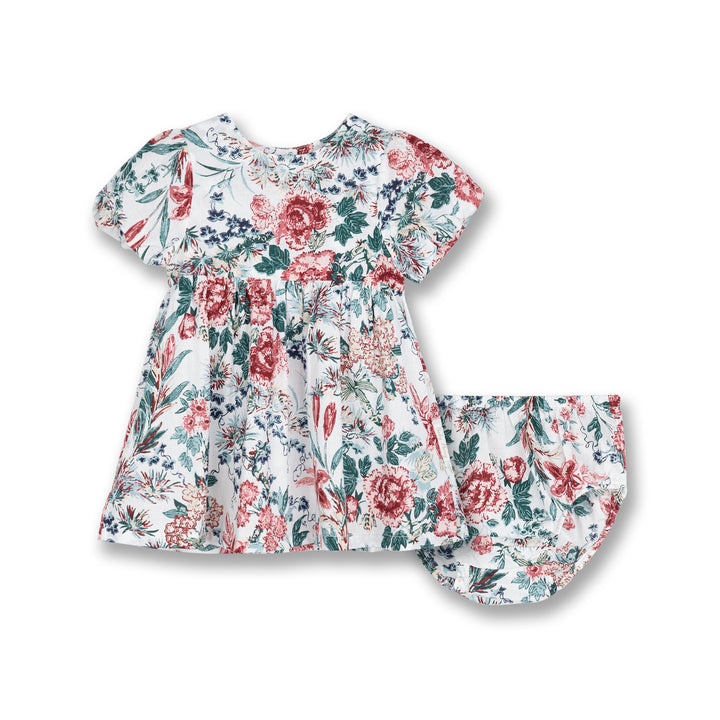 Poney Baby Girls White Flowers Garden Short Sleeve Dress & Panty Set