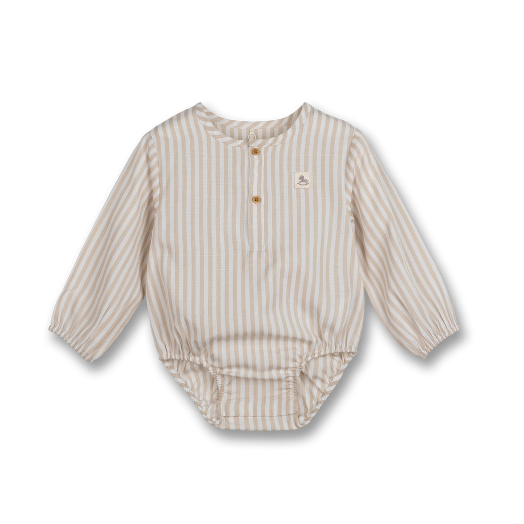 Poney Baby Boys Khaki Yarn Dyed Stripes Long Sleeve Romper