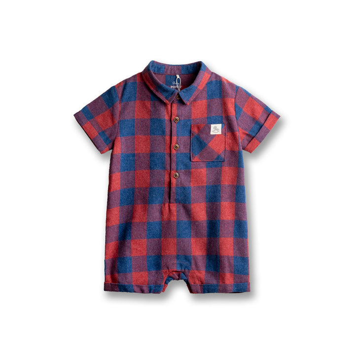 Poney Baby Boys Fiery Red Checks Short Sleeve Romper