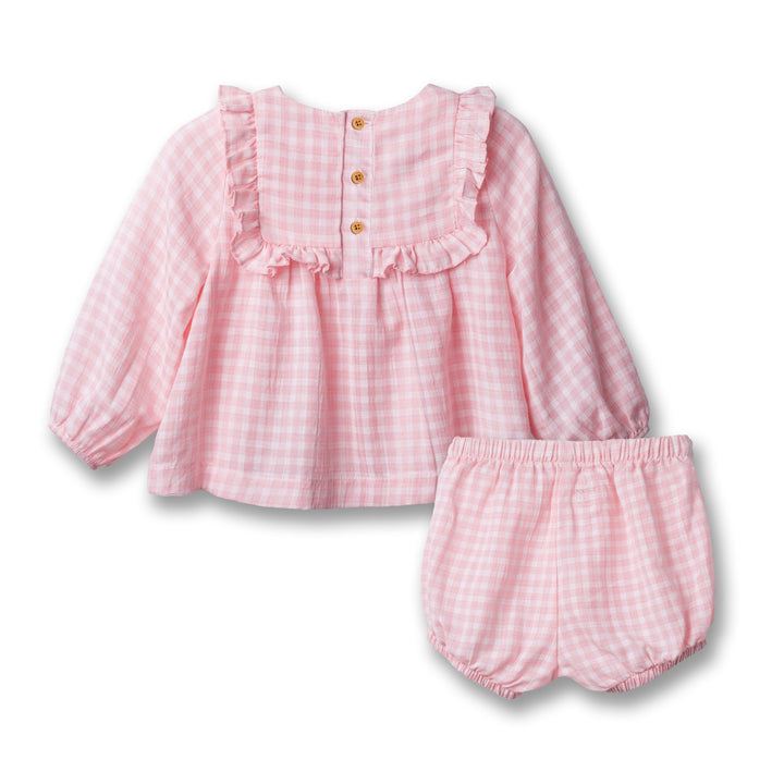 Poney Baby Girls Powder Pink Gingham Long Sleeve Blouse & Shorts Set