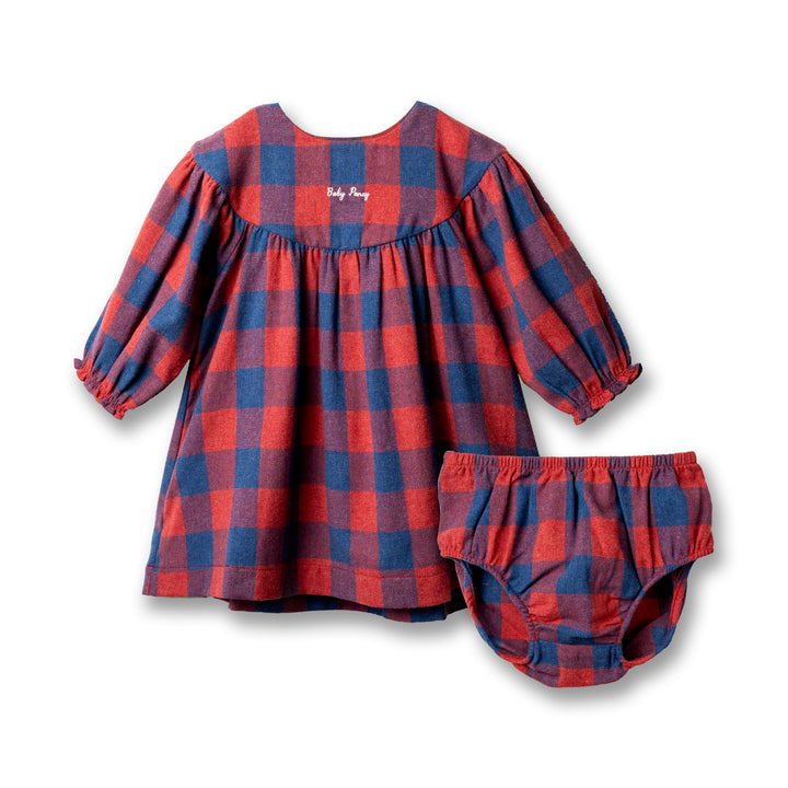 Poney Baby Girls Red Yarn Dyed Checks Long Sleeve Dress With Panty