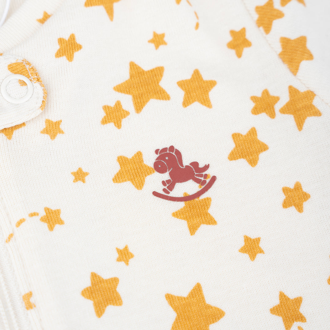 Poney Baby Boys Mustard Stars All Over Long Sleeve Sleepsuit With 2-Way Zipper & Booties