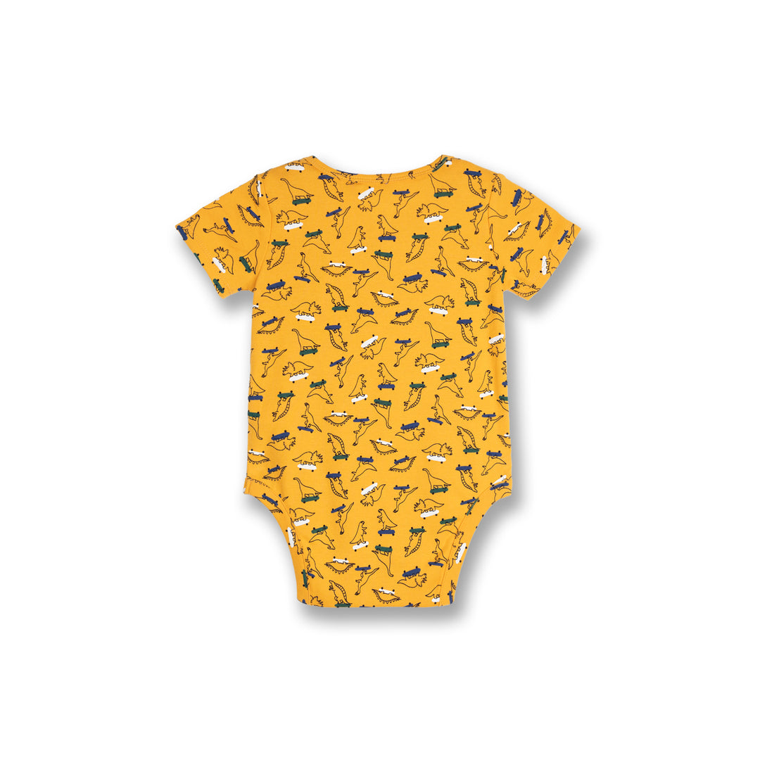 Poney Baby Boys Mustard Happy Dino Skate Short Sleeve Bodysuit