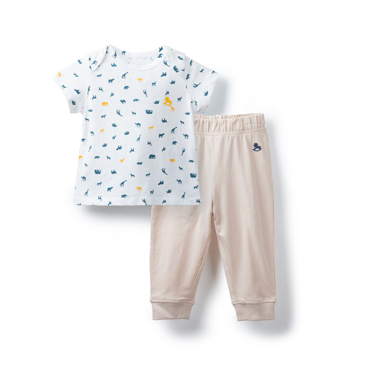 Poney Baby Boys White Dino Short Sleeve Top & Long Pants Set