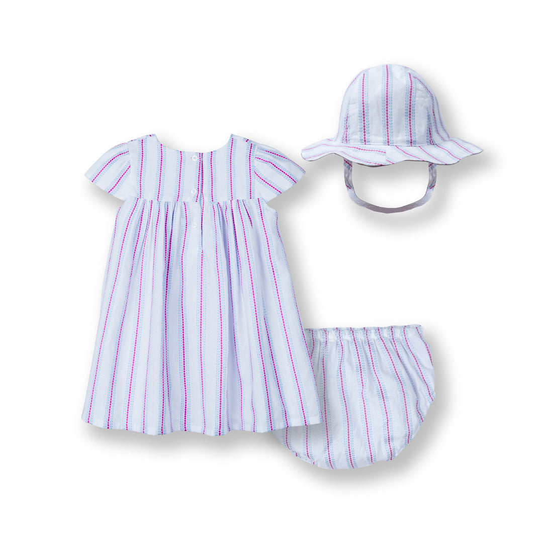 Poney Baby Girls White Striped Dress with Panty & Hat Set