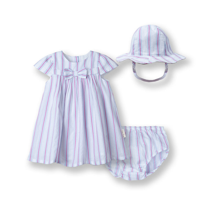 Poney Baby Girls White Striped Dress with Panty & Hat Set