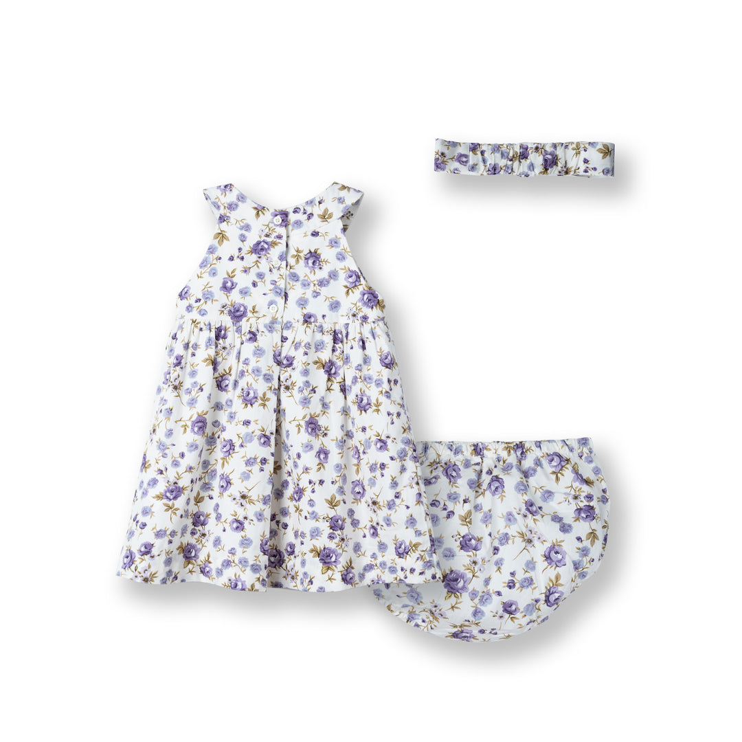 Poney Baby Girls Purple Flowery Dress with Panty & Headband Set