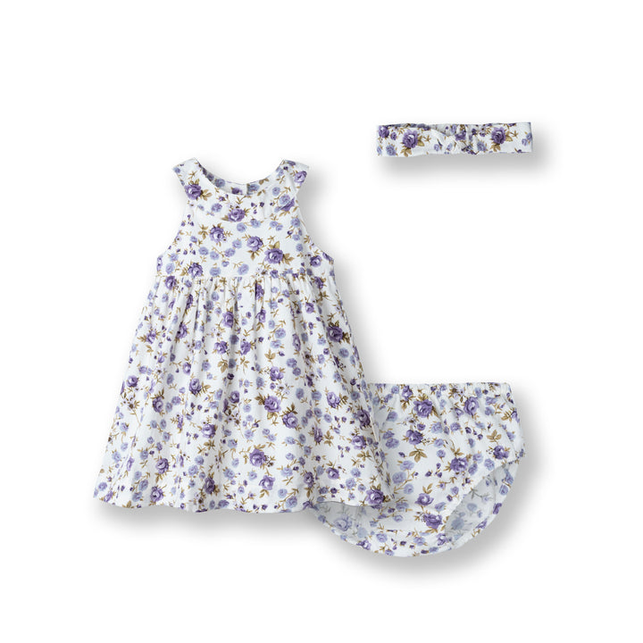 Poney Baby Girls Purple Flowery Dress with Panty & Headband Set