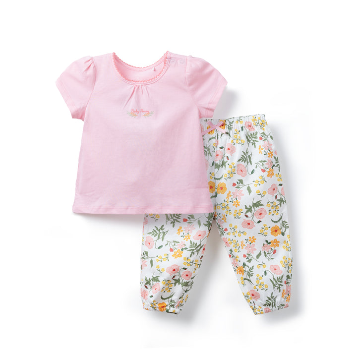 Poney Baby Girls Light Pink Floral Short Sleeve Top & Long Pants Set