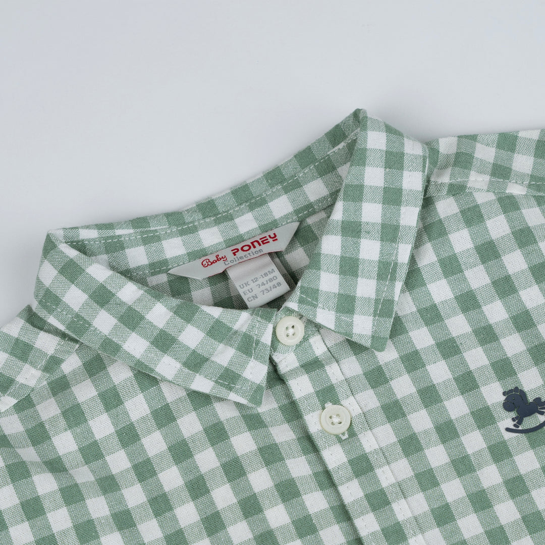 Poney Baby Boys Green Checkered Short Sleeve Shirt & Bermuda Set