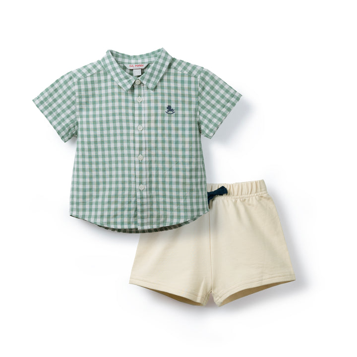 Poney Baby Boys Green Checkered Short Sleeve Shirt & Bermuda Set