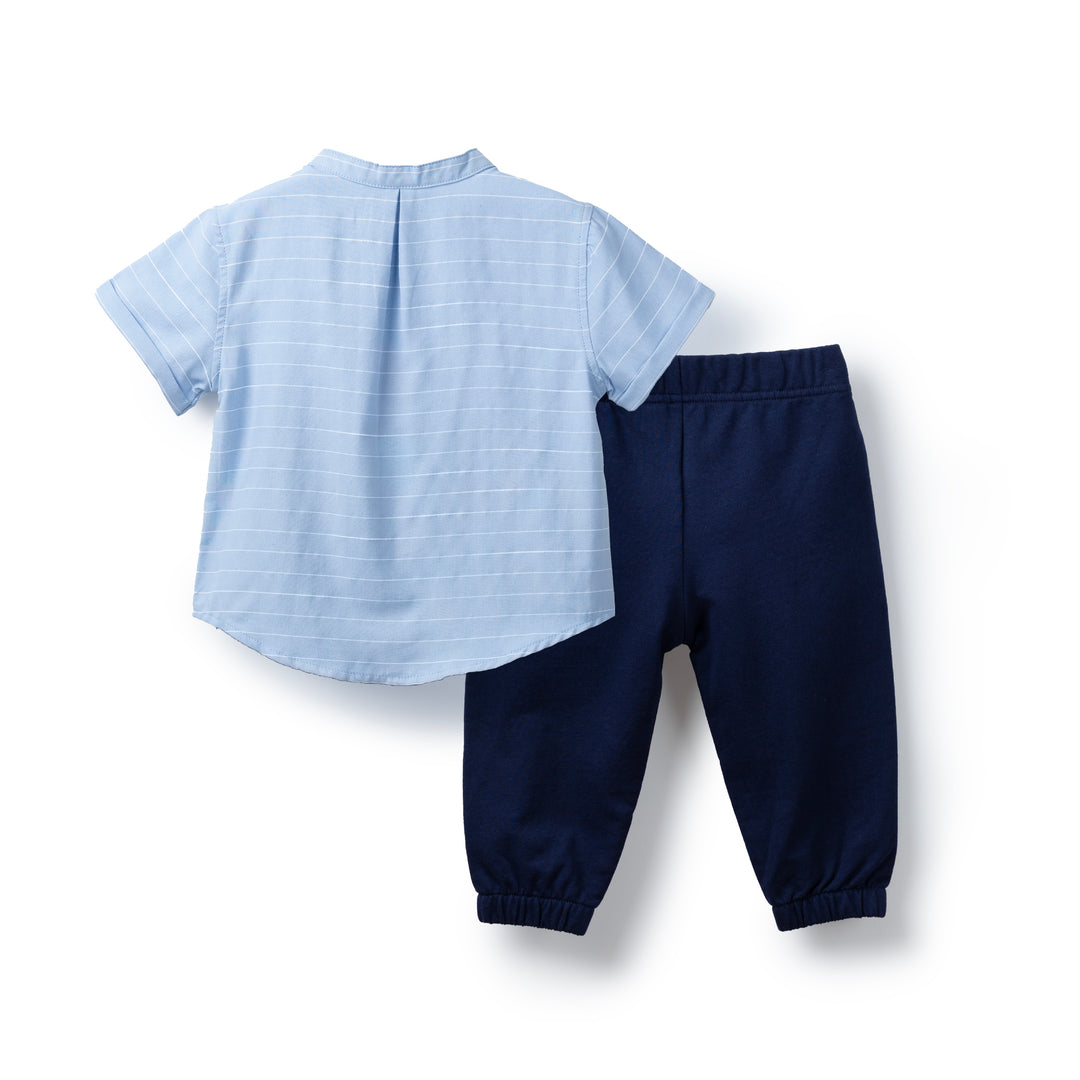 Poney Baby Boys Blue Striped Short Sleeve Shirt & Long Pants Set