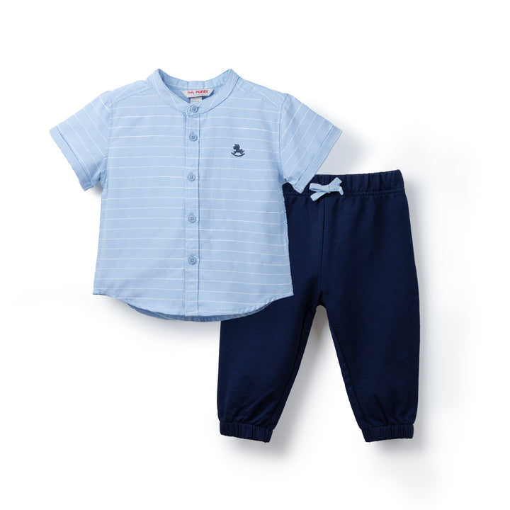 Poney Baby Boys Blue Striped Short Sleeve Shirt & Long Pants Set