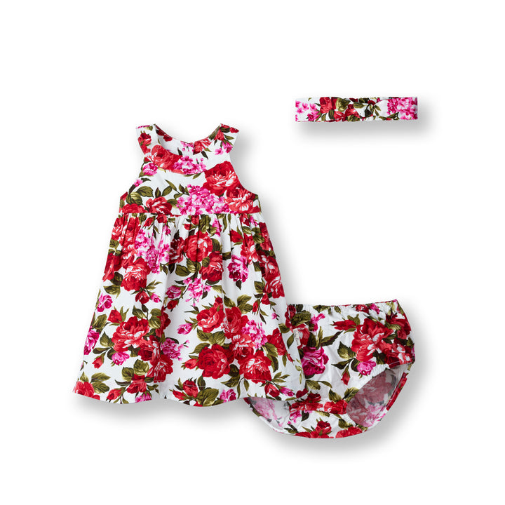 Poney Baby Girls Red Flowery Dress with Panty & Headband Set