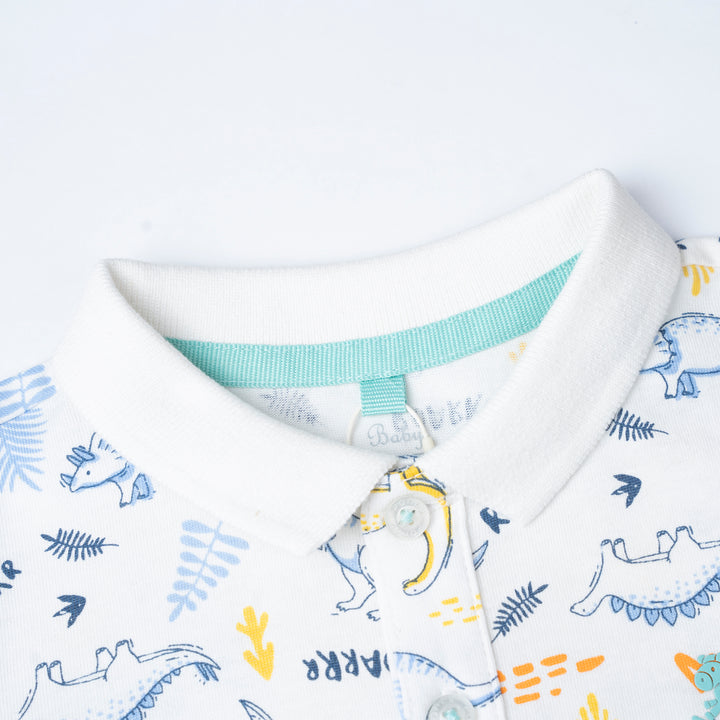 Boys White Dino Roarrr S/S Polo & Bermuda Set