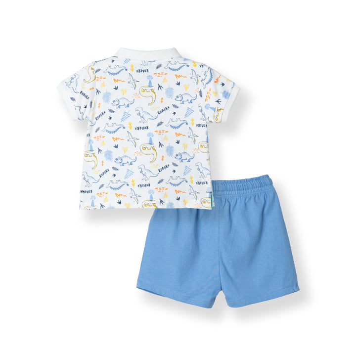 Boys White Dino Roarrr S/S Polo & Bermuda Set