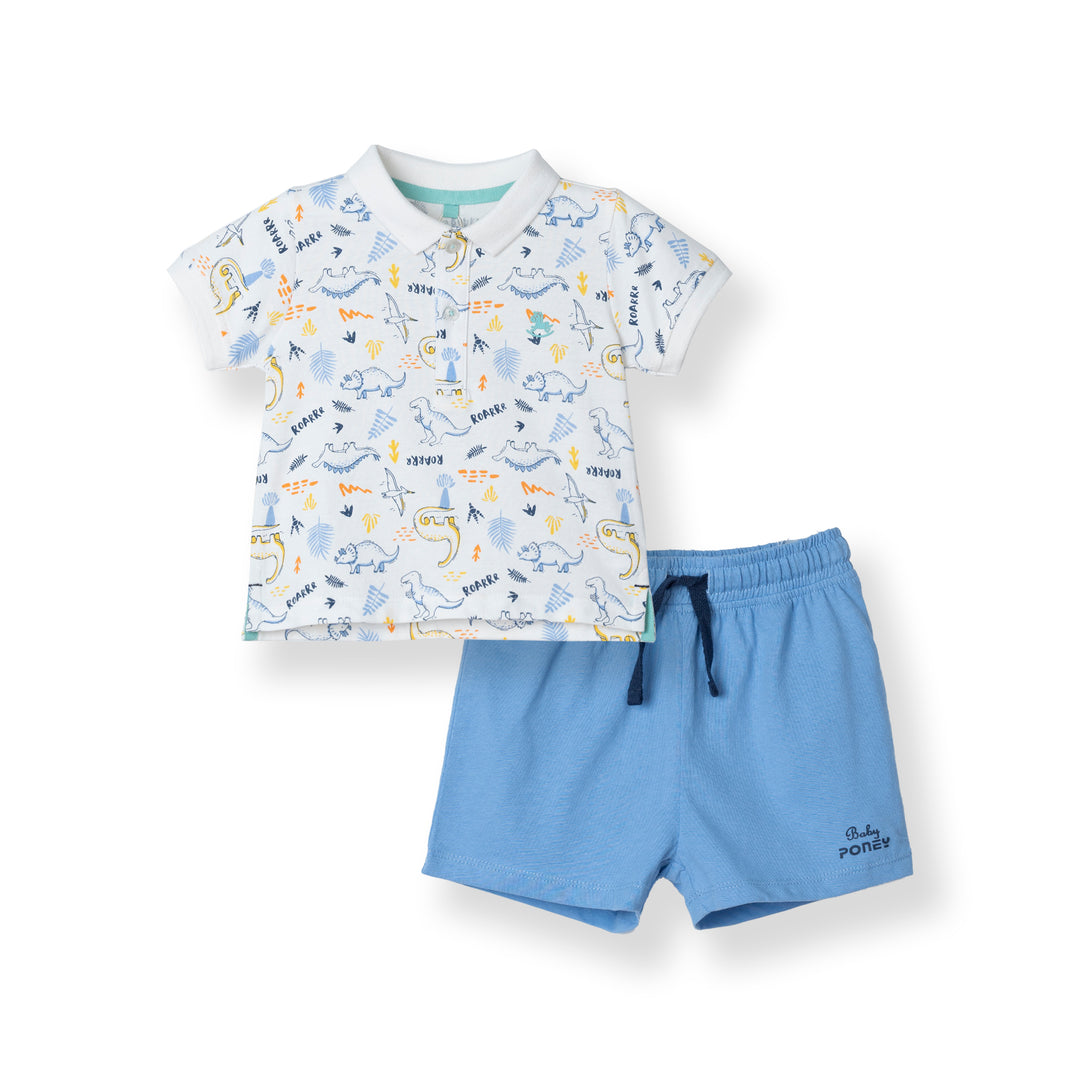 Boys White Dino Roarrr S/S Polo & Bermuda Set