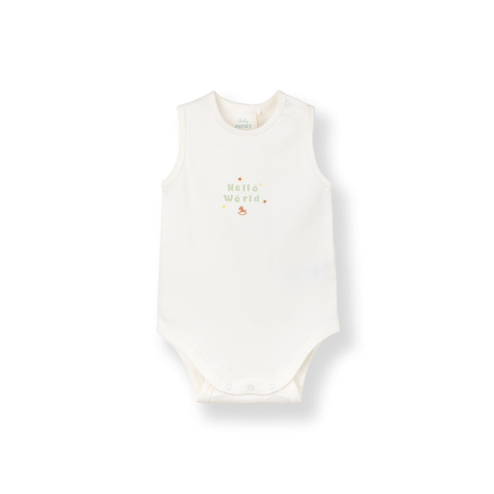 Baby Poney Boys White Hello World Sleeveless Bodysuit