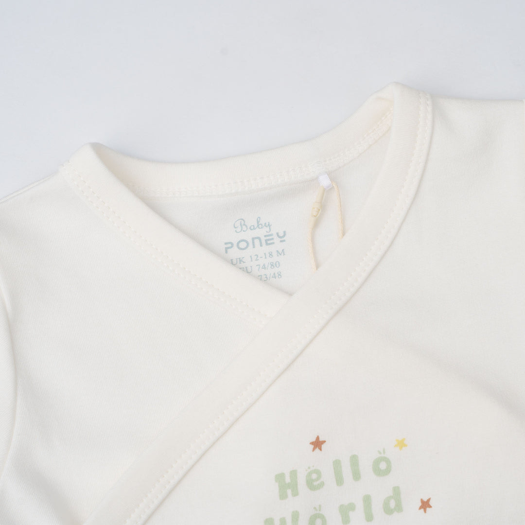 Baby Poney Boys White Hello World Long Sleeve Kimono Bodysuit