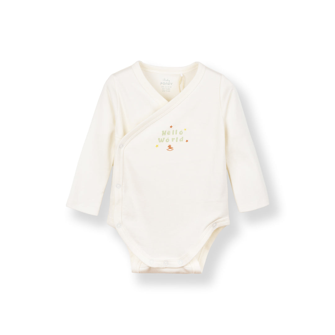 Baby Poney Boys White Hello World Long Sleeve Kimono Bodysuit