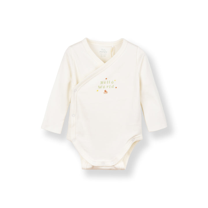 Baby Poney Boys White Hello World Long Sleeve Kimono Bodysuit