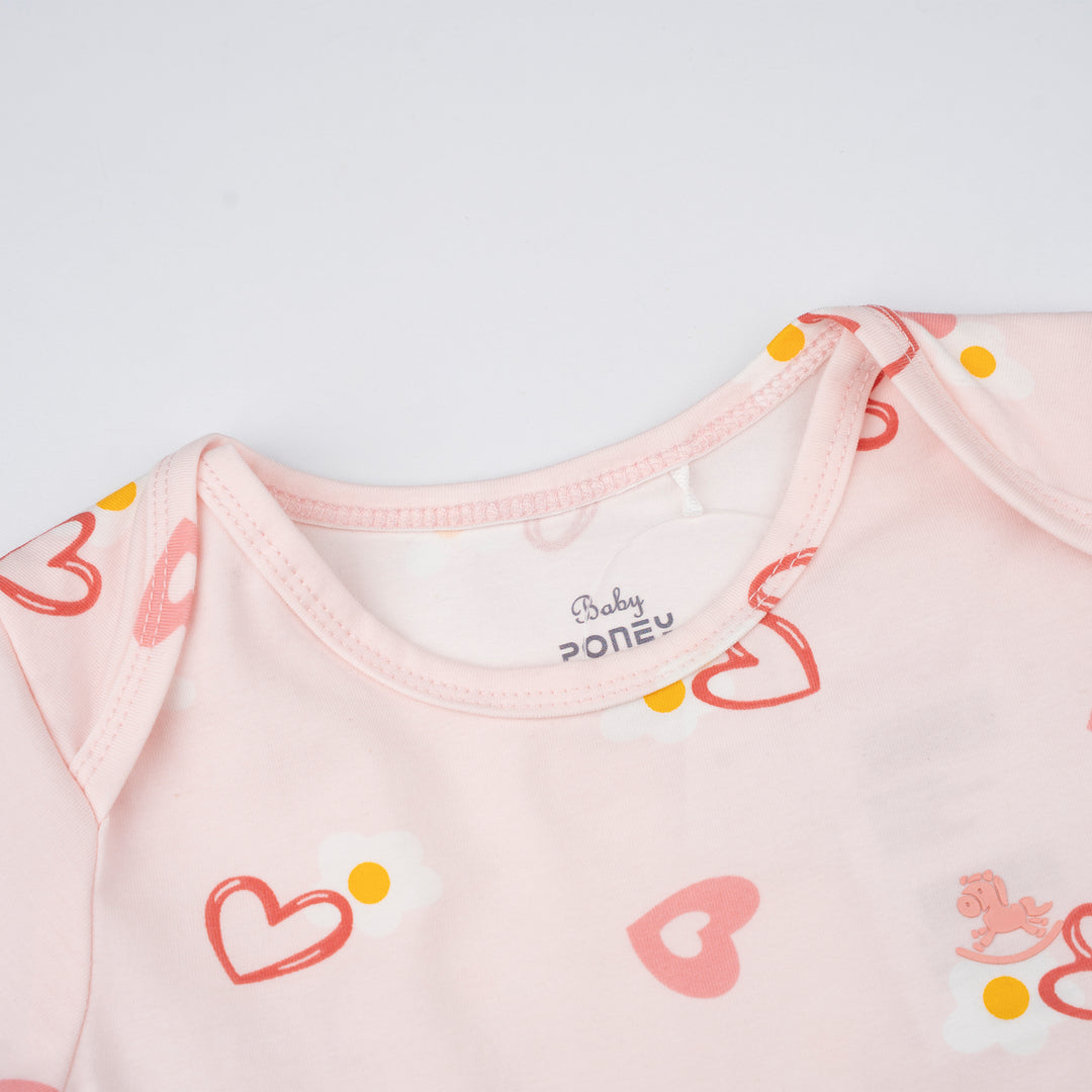 Poney Baby Girl Light Pink Blooming Hearts Regular Fit Short Sleeve Bodysuit with Envelope Neck