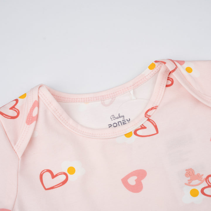 Poney Baby Girl Light Pink Blooming Hearts Regular Fit Short Sleeve Bodysuit with Envelope Neck
