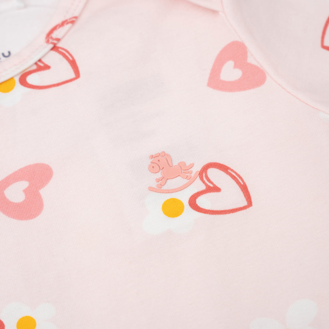 Poney Baby Girl Light Pink Blooming Hearts Regular Fit Short Sleeve Bodysuit with Envelope Neck