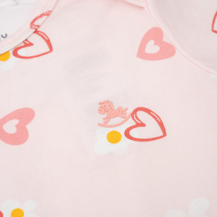 Poney Baby Girl Light Pink Blooming Hearts Regular Fit Short Sleeve Bodysuit with Envelope Neck