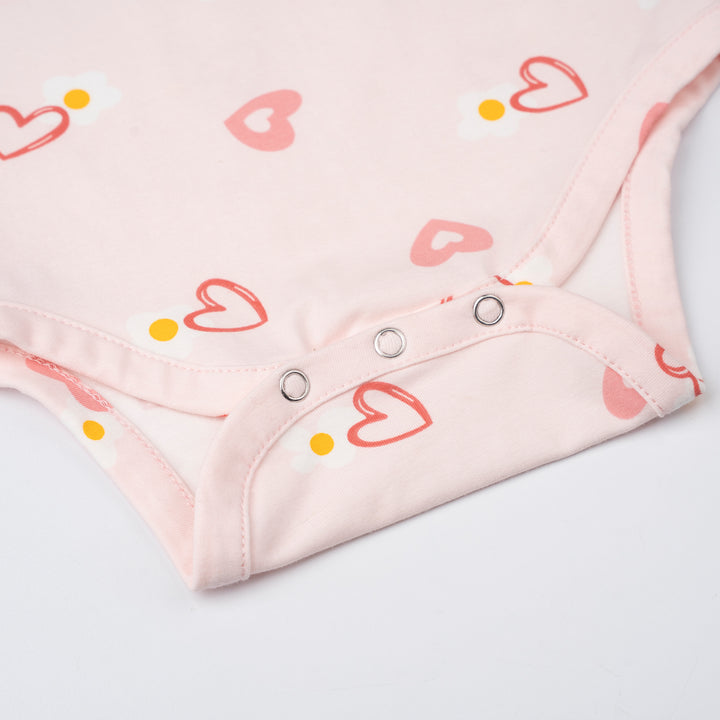 Poney Baby Girl Light Pink Blooming Hearts Regular Fit Short Sleeve Bodysuit with Envelope Neck