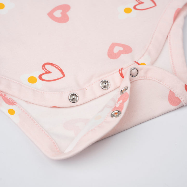 Poney Baby Girl Light Pink Blooming Hearts Regular Fit Short Sleeve Bodysuit with Envelope Neck