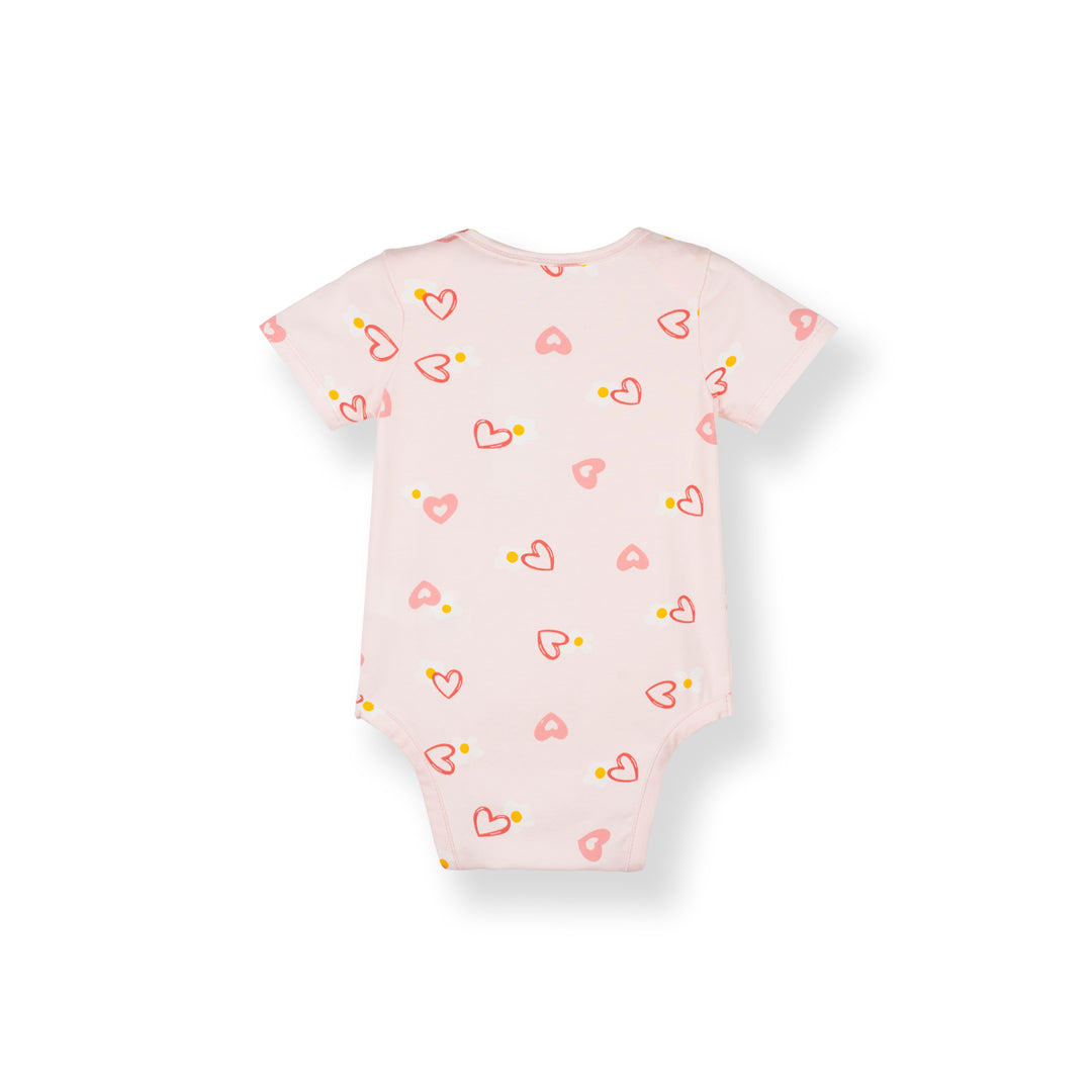 Poney Baby Girl Light Pink Blooming Hearts Regular Fit Short Sleeve Bodysuit with Envelope Neck