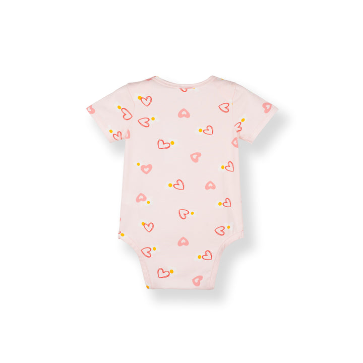 Poney Baby Girl Light Pink Blooming Hearts Regular Fit Short Sleeve Bodysuit with Envelope Neck