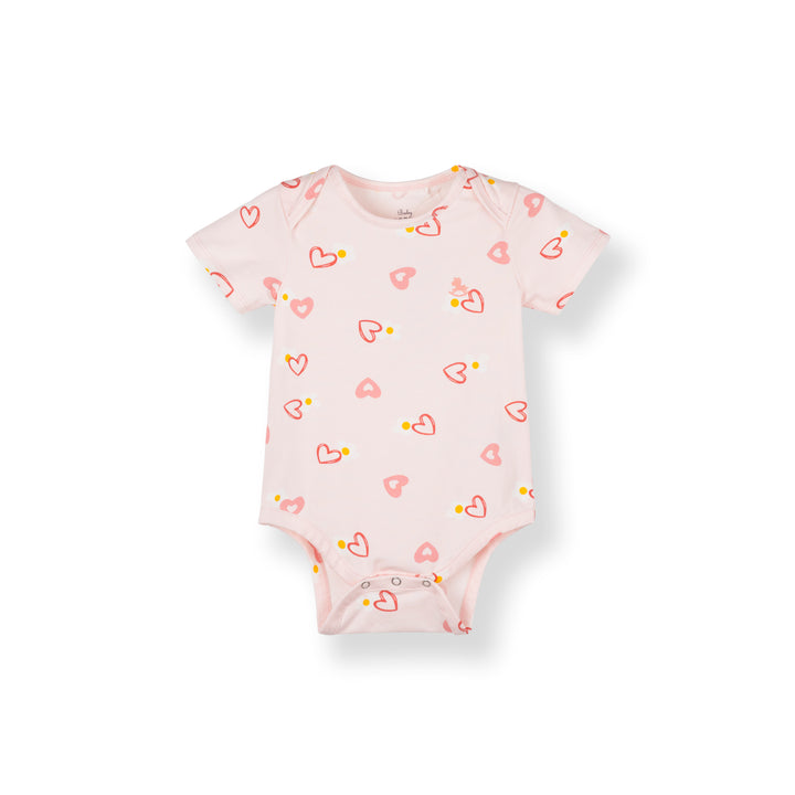 Poney Baby Girl Light Pink Blooming Hearts Regular Fit Short Sleeve Bodysuit with Envelope Neck