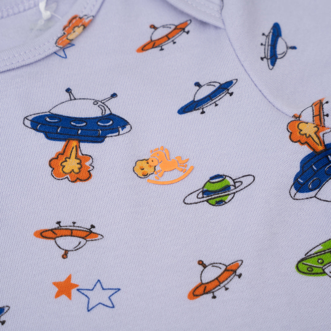Poney Baby Boys Blue Little UFO Regular Fit Short Sleeve Bodysuits With Envelope Neck